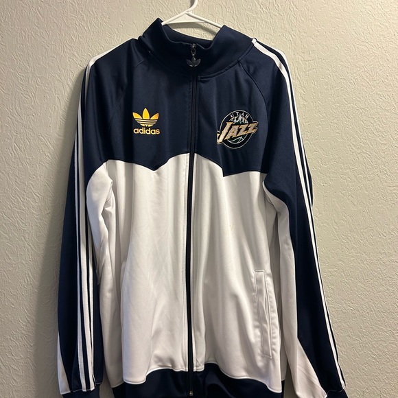 Vintage Adidas Utah Jazz Men's Navy and White Track Jacket - Picture 1 of 3